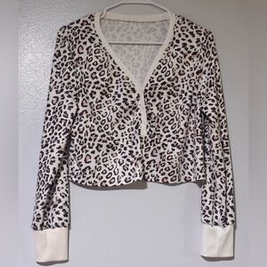 Leopard Print Cropped V-Neck Women's Sweater - Cream and Brown